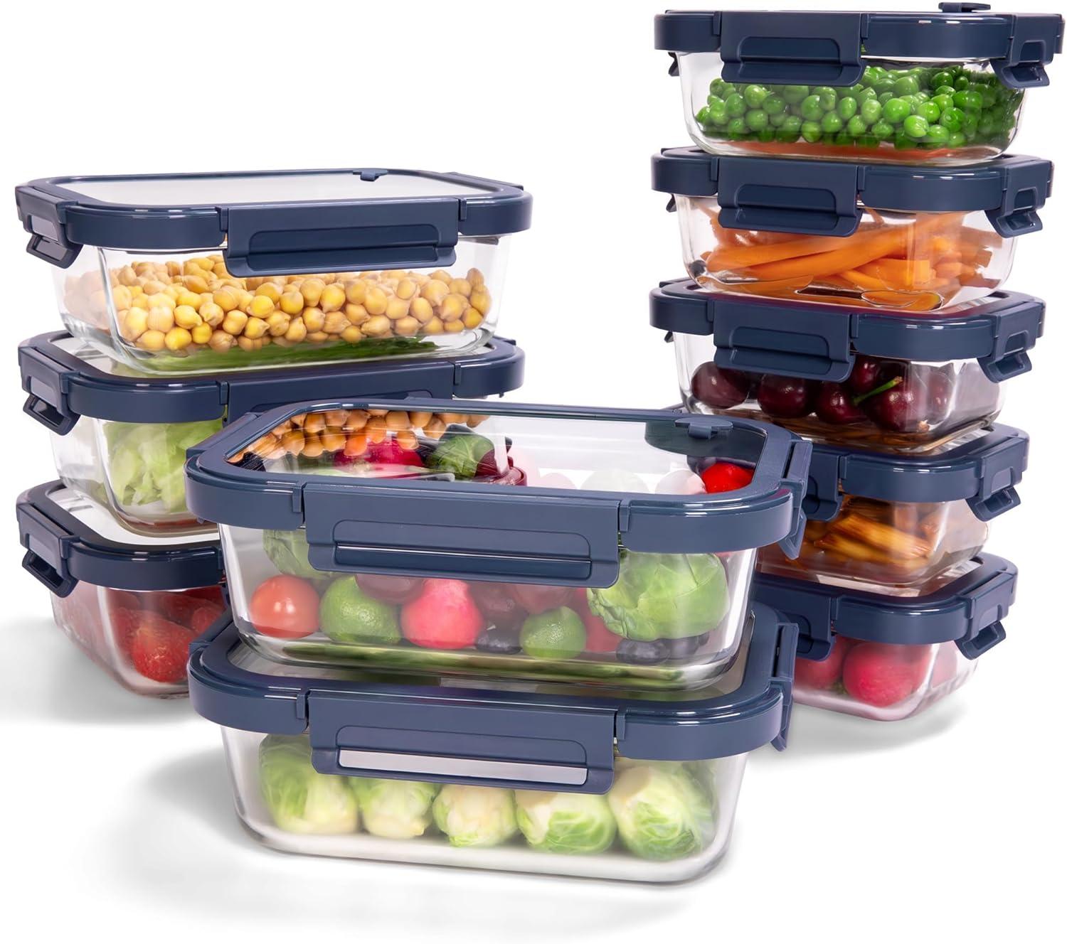 image5Pack Borosilicate Glass Containers with Tempered Lids 352oz44 Cup Airtight Meal Prep Set MicrowaveFreezer Safe BlueTempered Lids Blue