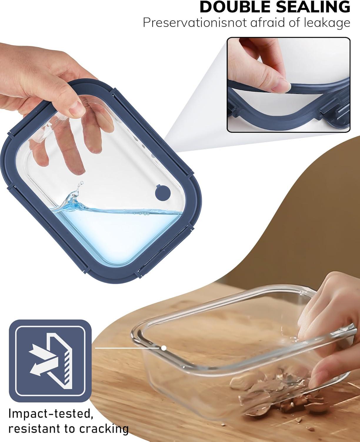 image5Pack Borosilicate Glass Containers with Tempered Lids 352oz44 Cup Airtight Meal Prep Set MicrowaveFreezer Safe BlueTempered Lids Blue