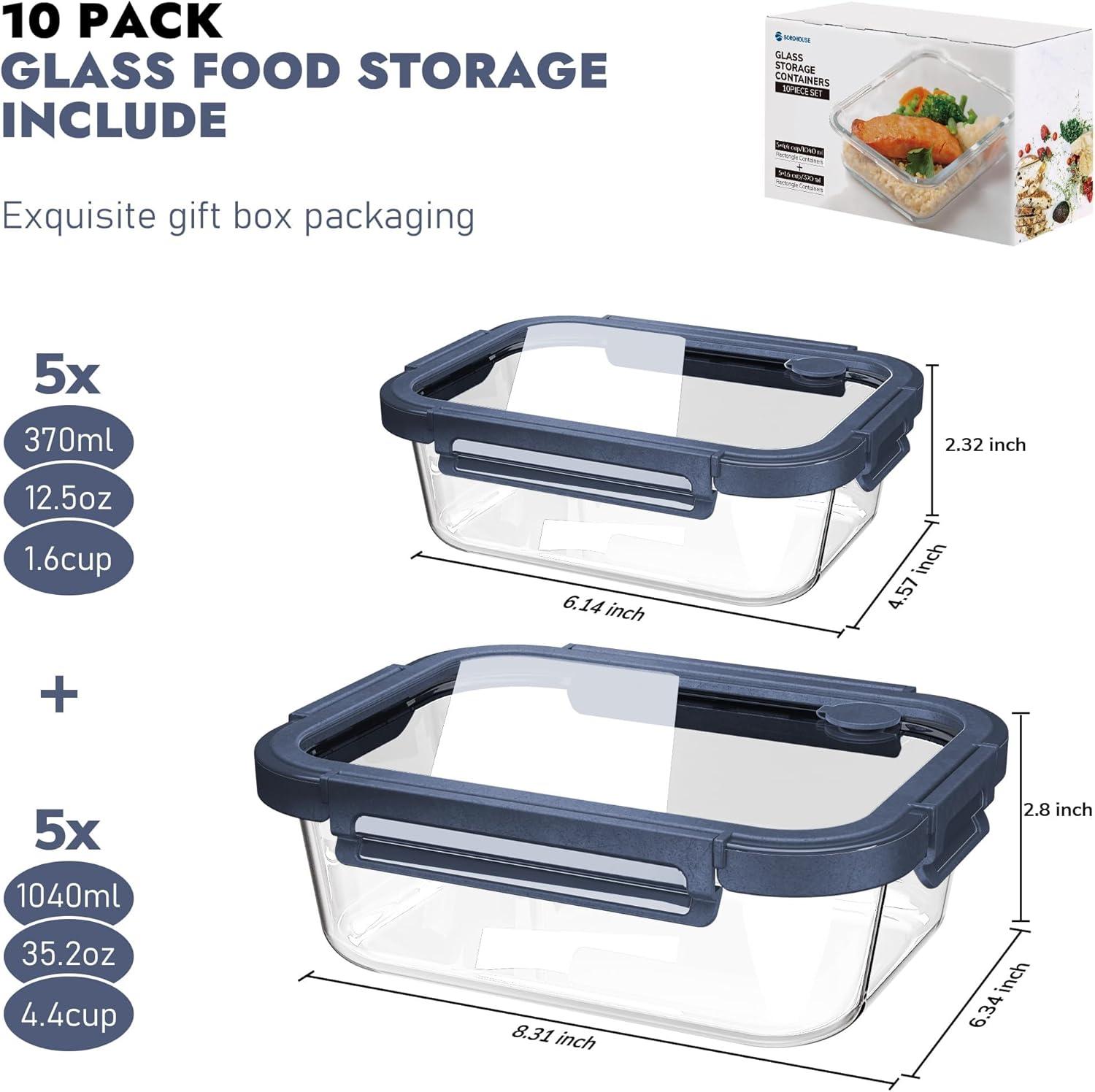 image5Pack Borosilicate Glass Containers with Tempered Lids 352oz44 Cup Airtight Meal Prep Set MicrowaveFreezer Safe BlueTempered Lids Blue