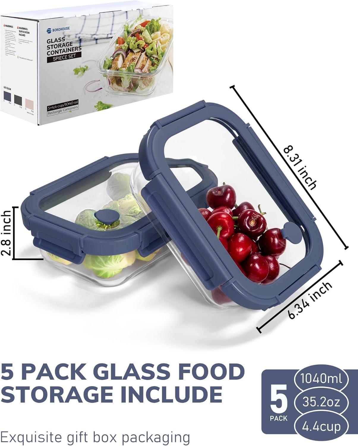 image5Pack Borosilicate Glass Containers with Tempered Lids 352oz44 Cup Airtight Meal Prep Set MicrowaveFreezer Safe BlueTempered Lids Blue