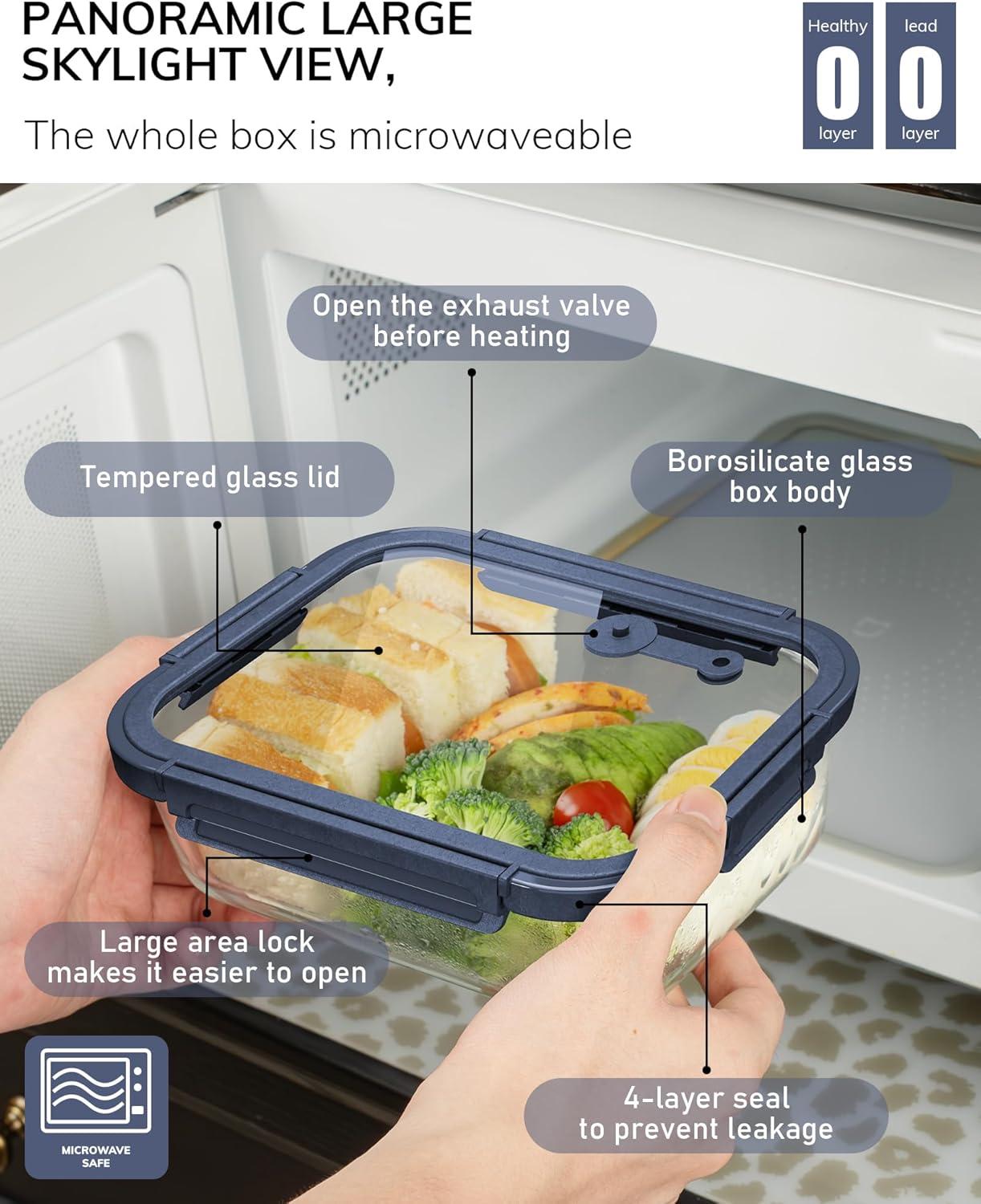 image5Pack Borosilicate Glass Containers with Tempered Lids 352oz44 Cup Airtight Meal Prep Set MicrowaveFreezer Safe BlueTempered Lids Blue