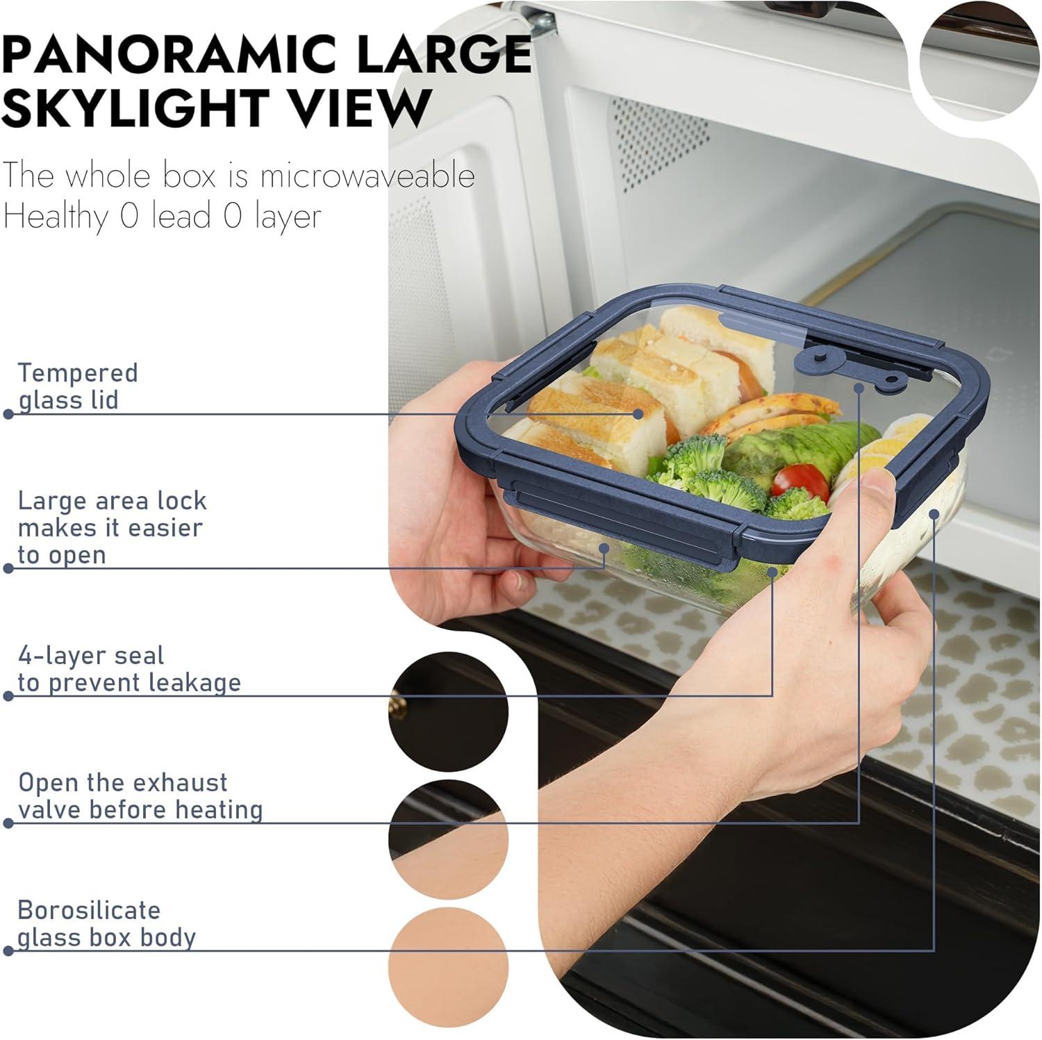 image5Pack Borosilicate Glass Containers with Tempered Lids 352oz44 Cup Airtight Meal Prep Set MicrowaveFreezer Safe BlueTempered Lids Blue