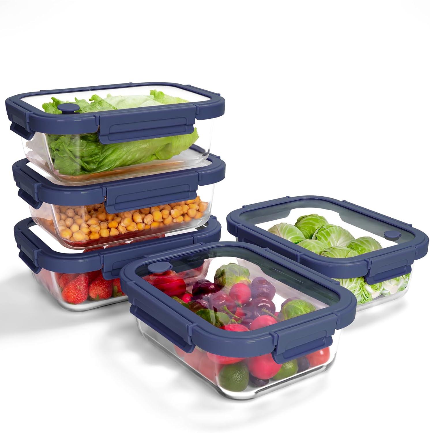 image5Pack Borosilicate Glass Containers with Tempered Lids 352oz44 Cup Airtight Meal Prep Set MicrowaveFreezer Safe BlueTempered Lids Blue