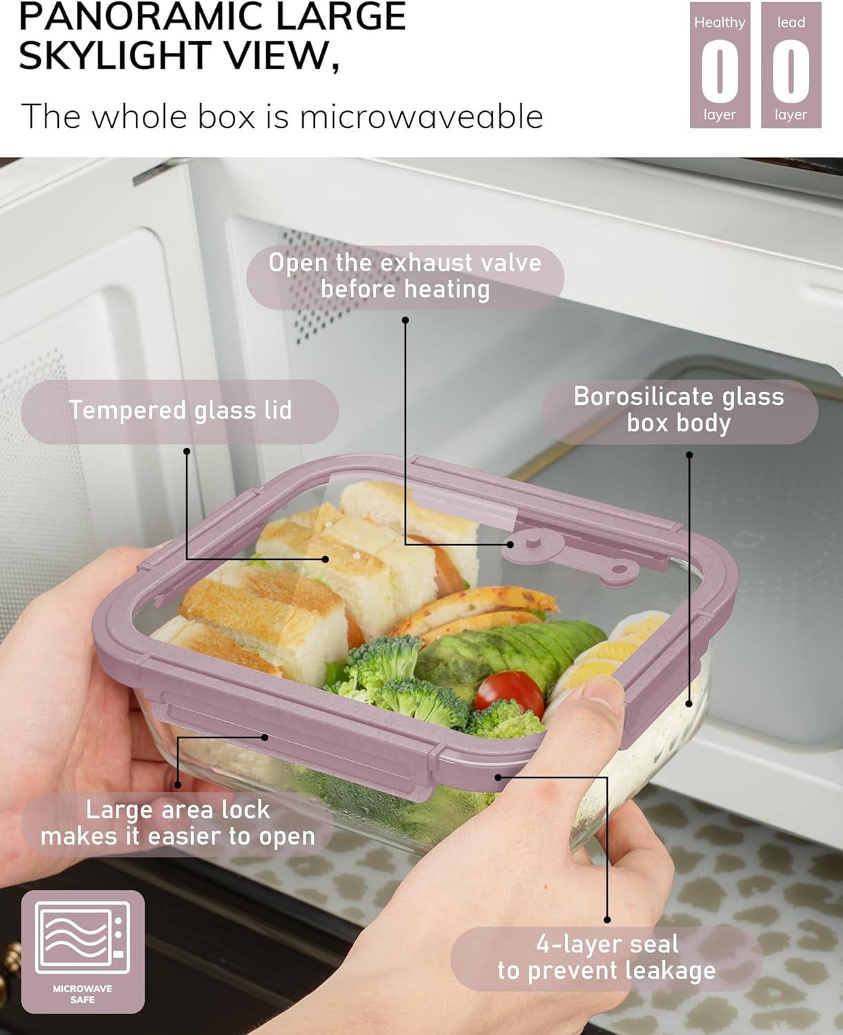 image5Pack Borosilicate Glass Containers with Tempered Lids 352oz44 Cup Airtight Meal Prep Set MicrowaveFreezer Safe BlueTempered Lids Pink