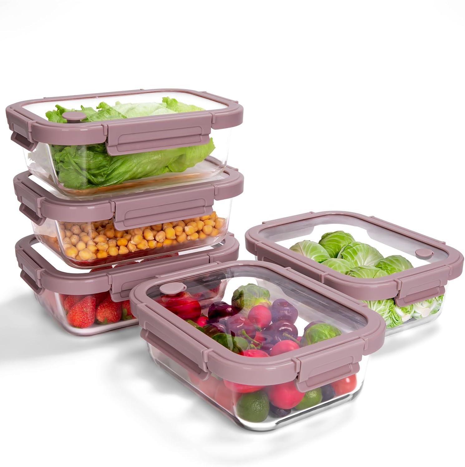 image5Pack Borosilicate Glass Containers with Tempered Lids 352oz44 Cup Airtight Meal Prep Set MicrowaveFreezer Safe BlueTempered Lids Pink