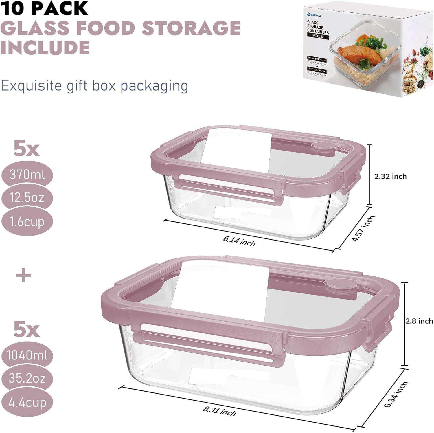 image5Pack Borosilicate Glass Containers with Tempered Lids 352oz44 Cup Airtight Meal Prep Set MicrowaveFreezer Safe BlueTempered Lids Pink