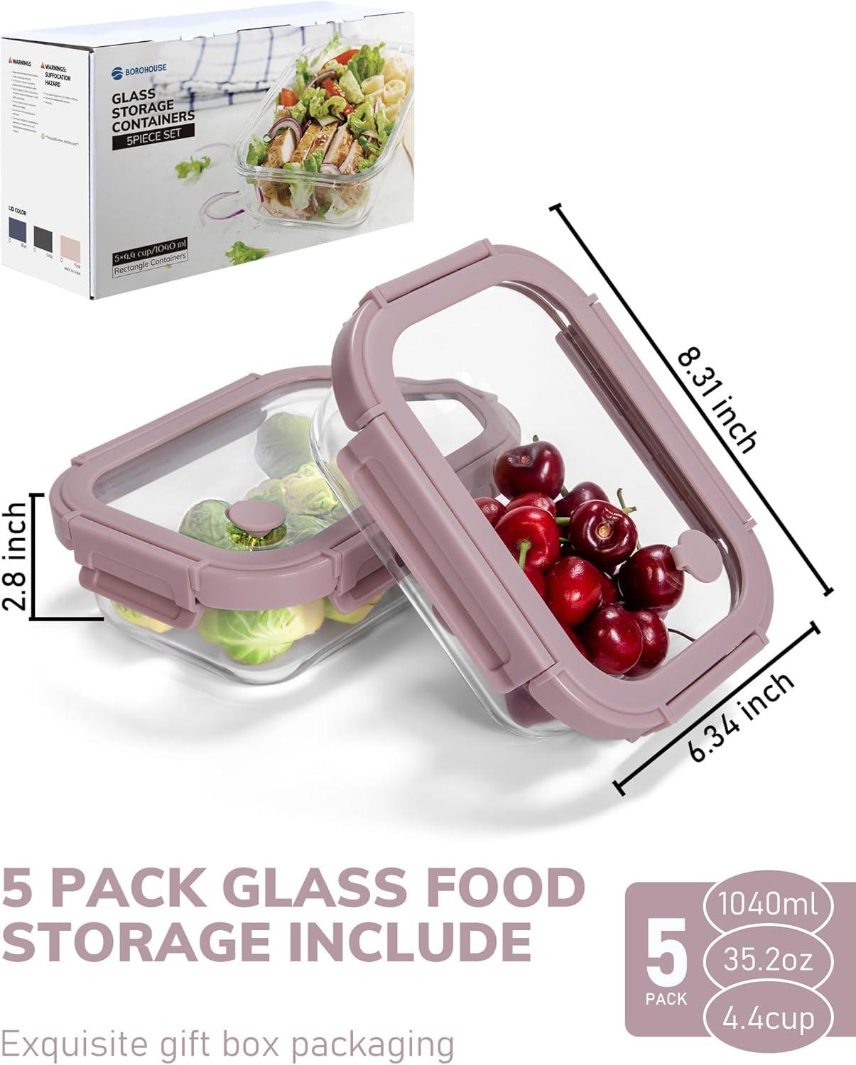 image5Pack Borosilicate Glass Containers with Tempered Lids 352oz44 Cup Airtight Meal Prep Set MicrowaveFreezer Safe BlueTempered Lids Pink