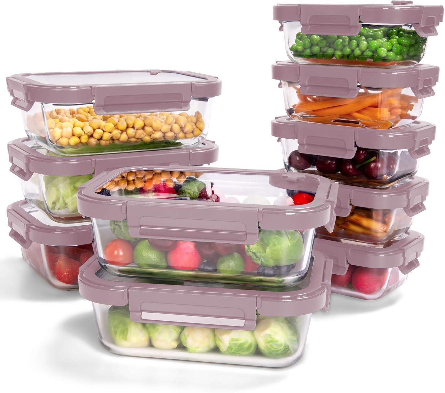 image5Pack Borosilicate Glass Containers with Tempered Lids 352oz44 Cup Airtight Meal Prep Set MicrowaveFreezer Safe BlueTempered Lids Pink