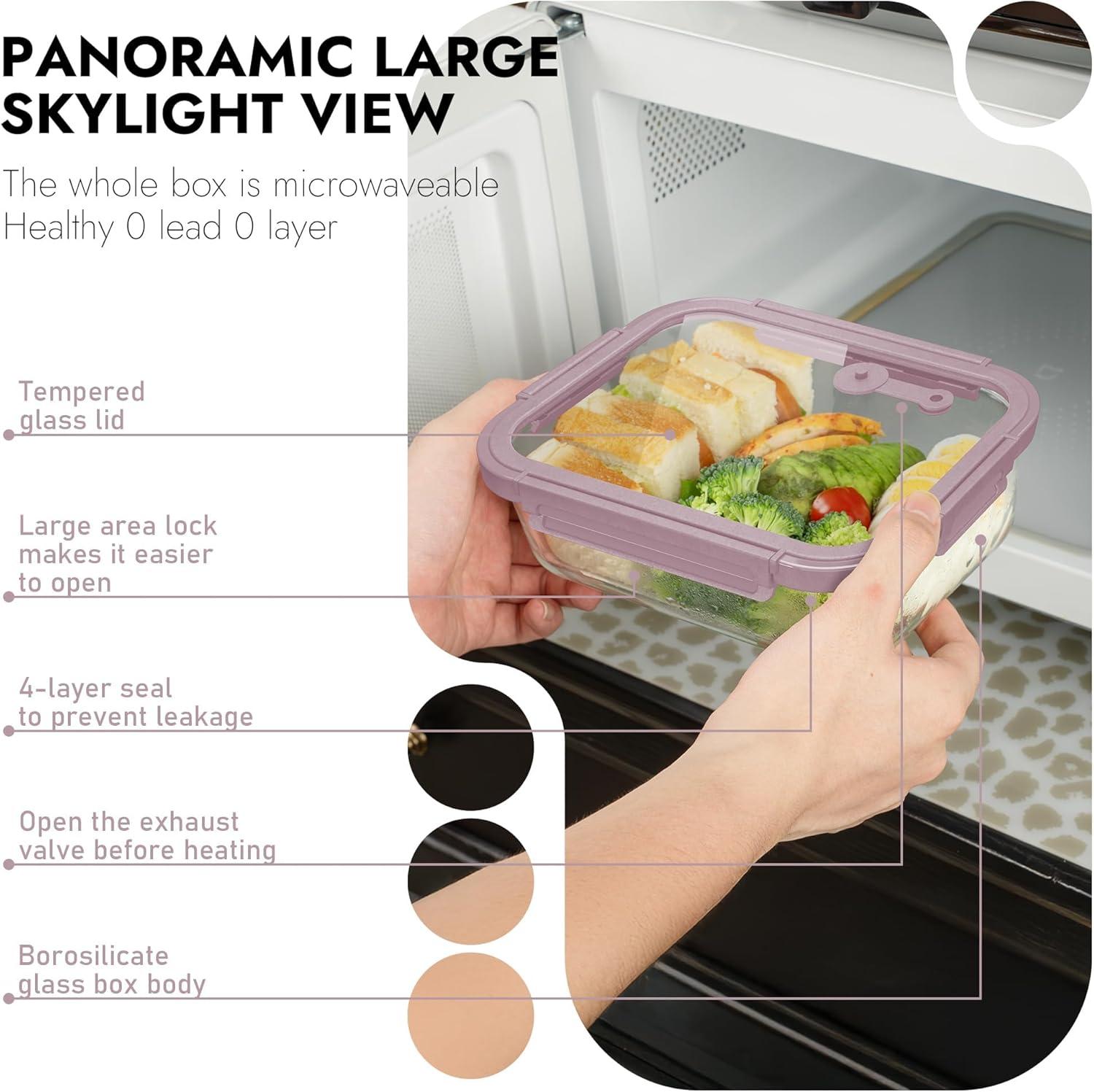 image5Pack Borosilicate Glass Containers with Tempered Lids 352oz44 Cup Airtight Meal Prep Set MicrowaveFreezer Safe BlueTempered Lids Pink