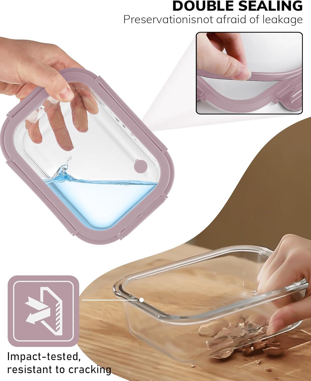 image5Pack Borosilicate Glass Containers with Tempered Lids 352oz44 Cup Airtight Meal Prep Set MicrowaveFreezer Safe BlueTempered Lids Pink
