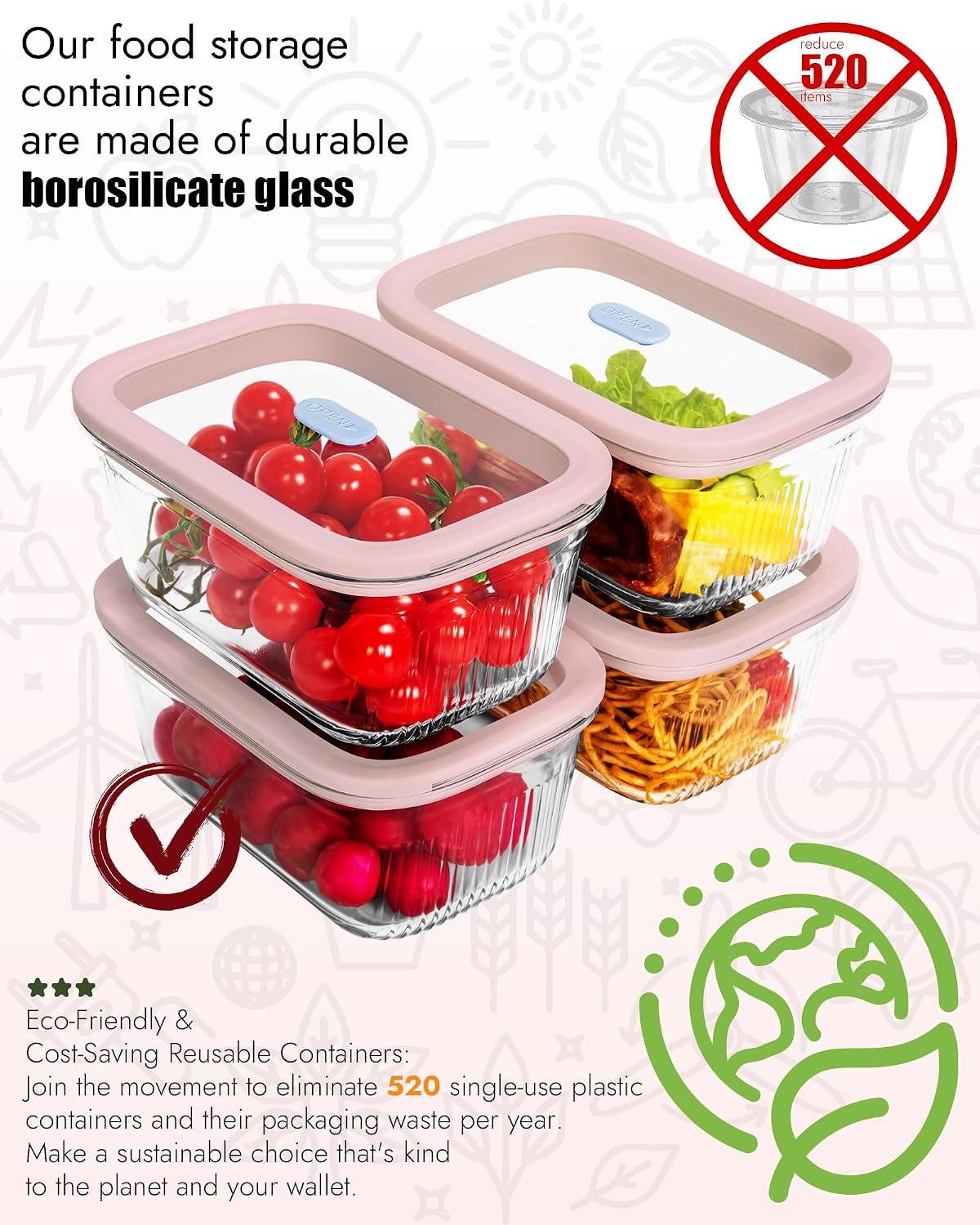 image:image4Pack Glass Food Storage Containers with Tempered Glass Lids 46 Cup 372oz Airtight Oven amp Microwave Safe 4F950F Leakproof Meal Prep amp Lunch ContainersPink