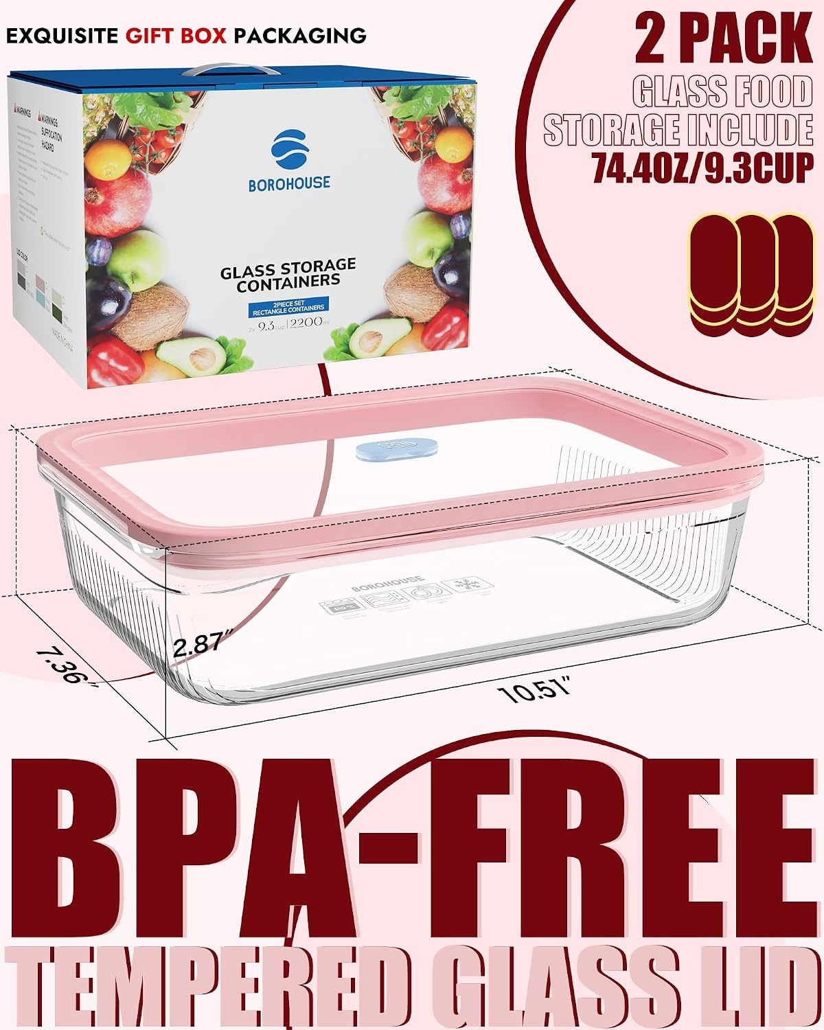 image:image4Pack Glass Food Storage Containers with Tempered Glass Lids 46 Cup 372oz Airtight Oven amp Microwave Safe 4F950F Leakproof Meal Prep amp Lunch ContainersPink