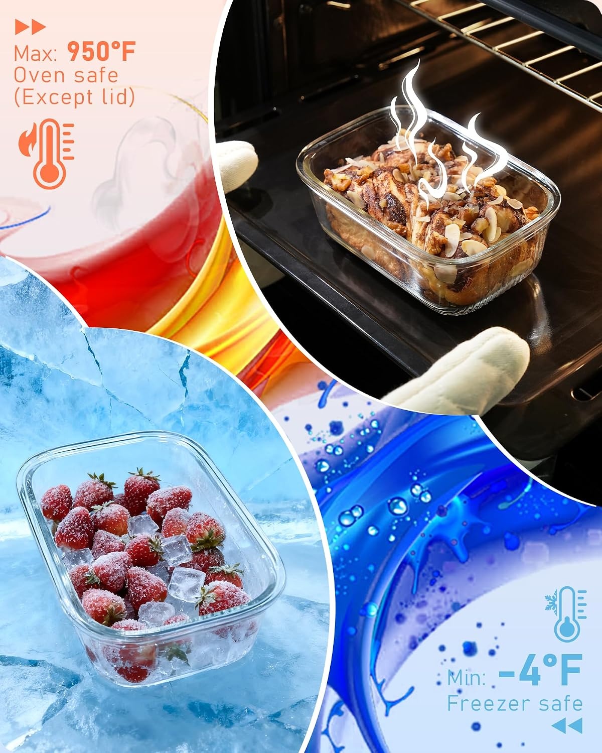 image:image4Pack Glass Food Storage Containers with Tempered Glass Lids 46 Cup 372oz Airtight Oven amp Microwave Safe 4F950F Leakproof Meal Prep amp Lunch ContainersPink