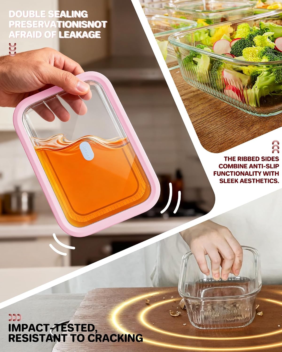 image:image4Pack Glass Food Storage Containers with Tempered Glass Lids 46 Cup 372oz Airtight Oven amp Microwave Safe 4F950F Leakproof Meal Prep amp Lunch ContainersPink