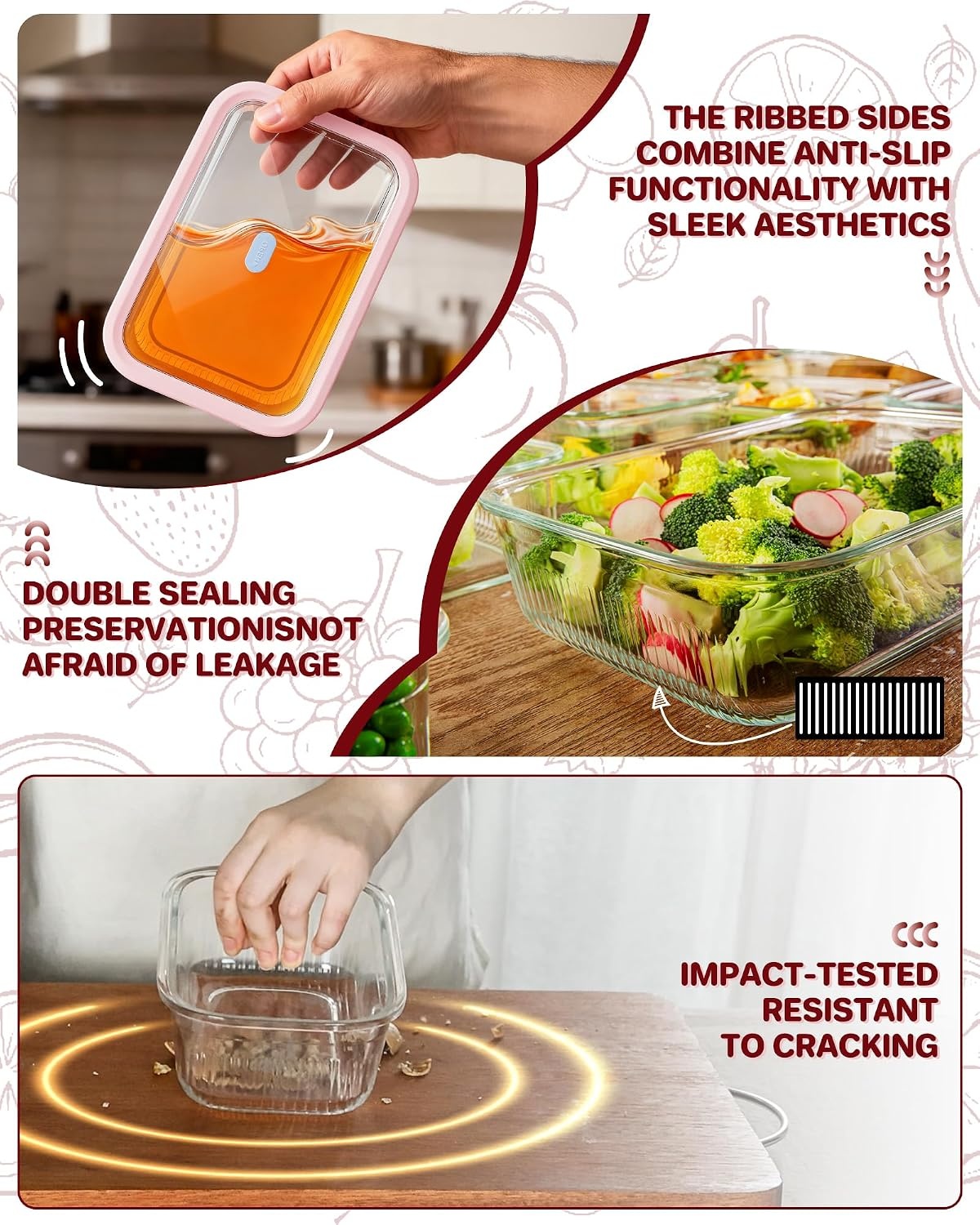 image:image4Pack Glass Food Storage Containers with Tempered Glass Lids 46 Cup 372oz Airtight Oven amp Microwave Safe 4F950F Leakproof Meal Prep amp Lunch ContainersPink