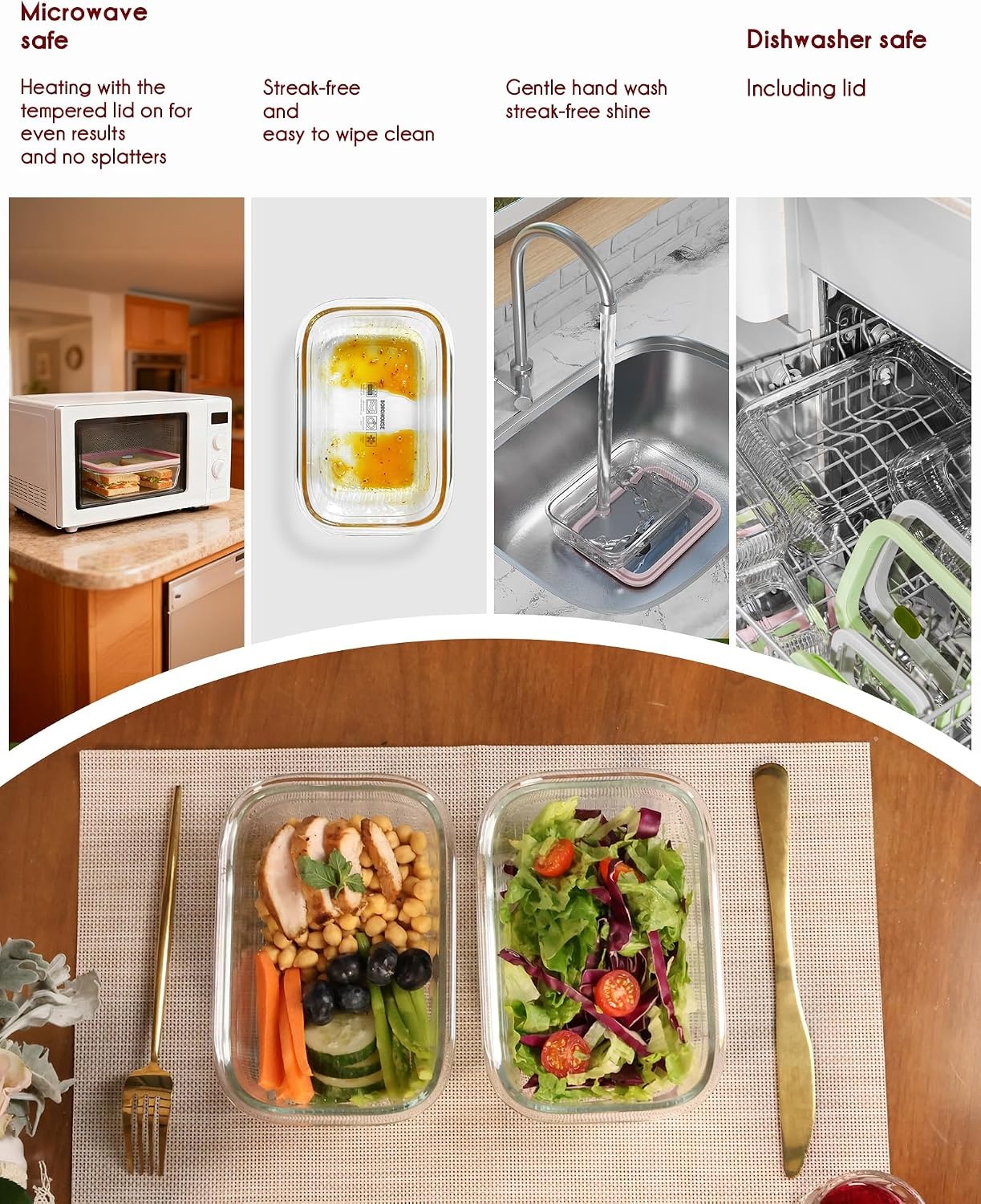 image:image4Pack Glass Food Storage Containers with Tempered Glass Lids 46 Cup 372oz Airtight Oven amp Microwave Safe 4F950F Leakproof Meal Prep amp Lunch ContainersPink