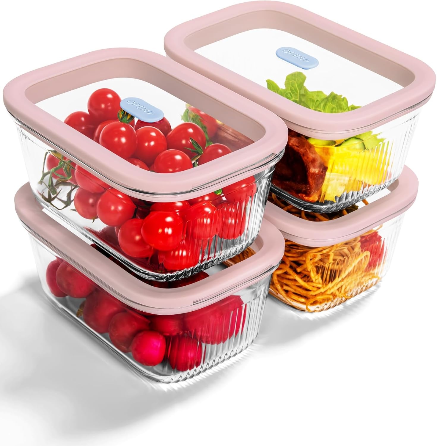 image:image4Pack Glass Food Storage Containers with Tempered Glass Lids 46 Cup 372oz Airtight Oven amp Microwave Safe 4F950F Leakproof Meal Prep amp Lunch ContainersPink
