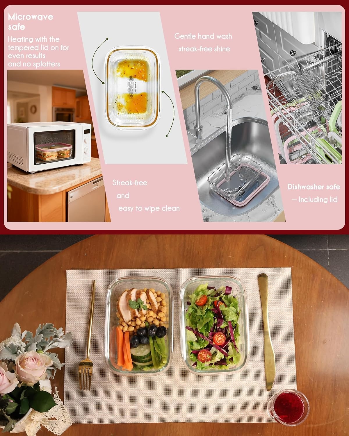 image:image4Pack Glass Food Storage Containers with Tempered Glass Lids 46 Cup 372oz Airtight Oven amp Microwave Safe 4F950F Leakproof Meal Prep amp Lunch ContainersPink